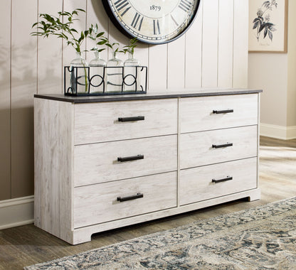 Shawburn - White / Black / Gray - Six Drawer Dresser - Pewter-tone pulls