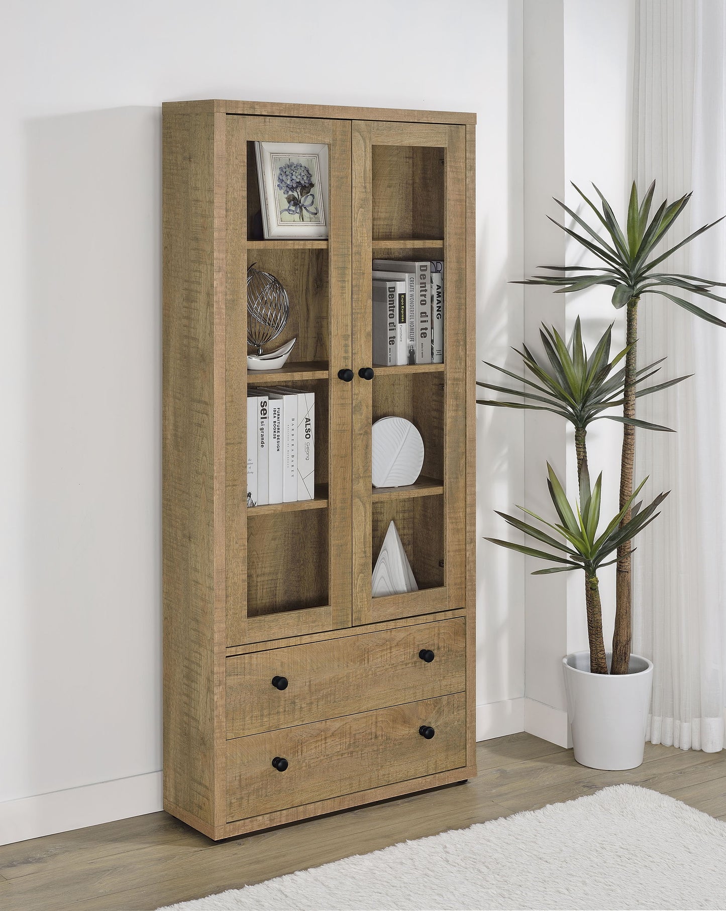 Hawthorne - 4-Shelf Glass Door Tall Cabinet With Drawers - Mango